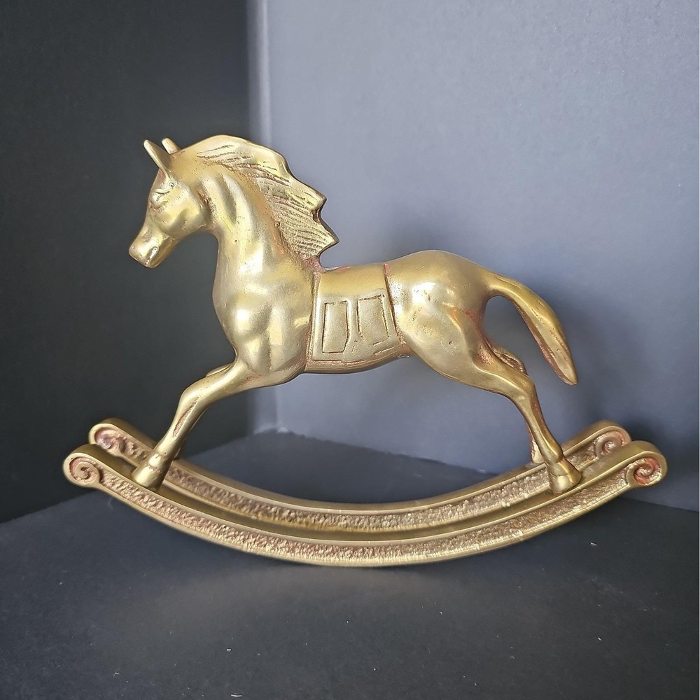 Vintage Solid Brass Rocking Horse 8.5" long by 6" tall Figurine Collectible